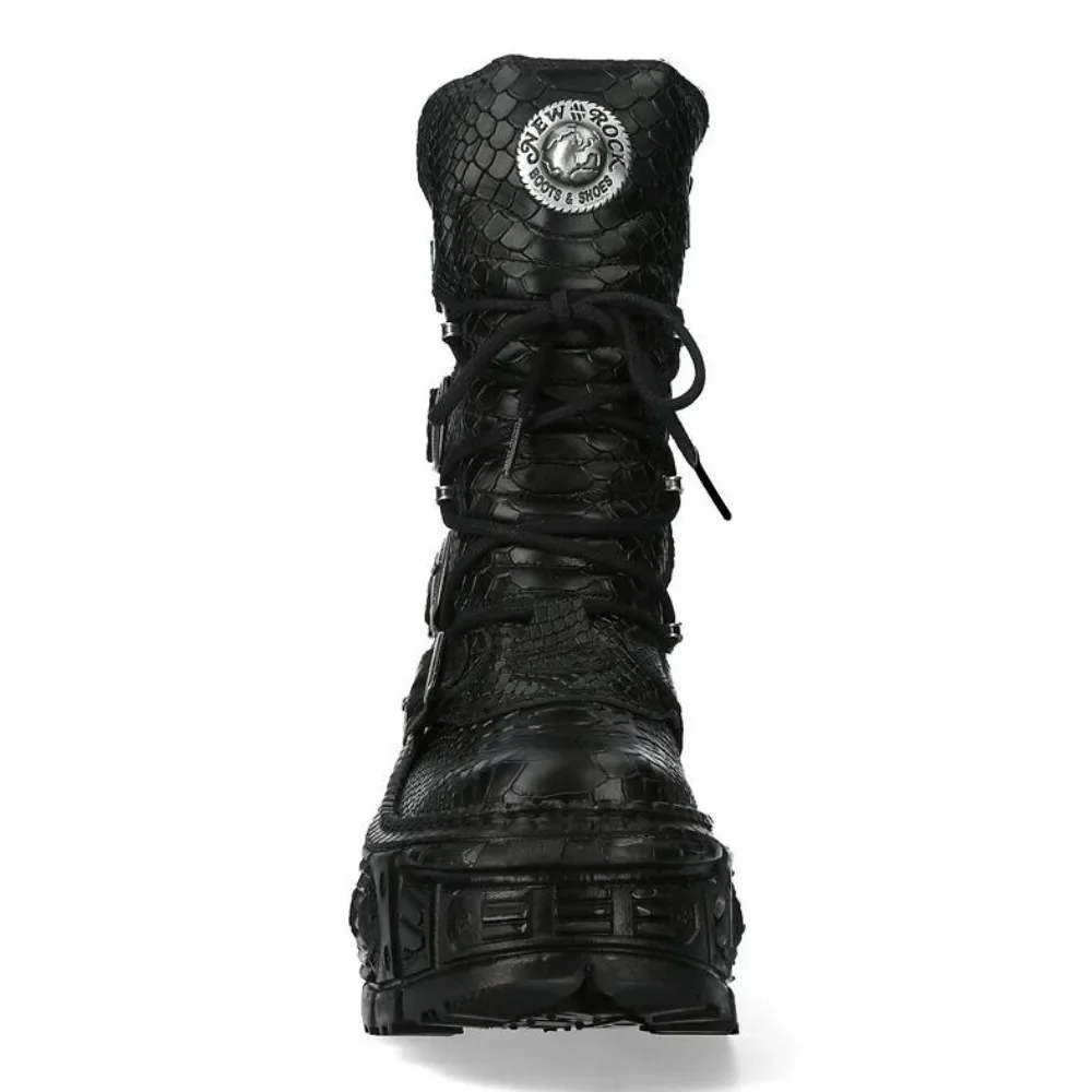 Men's Fashion Snake Pattern Genuine Leather Motorcycle Boots Goth Punk New Mid-calf Western Boots Metallic Platform Rock Boots view 3