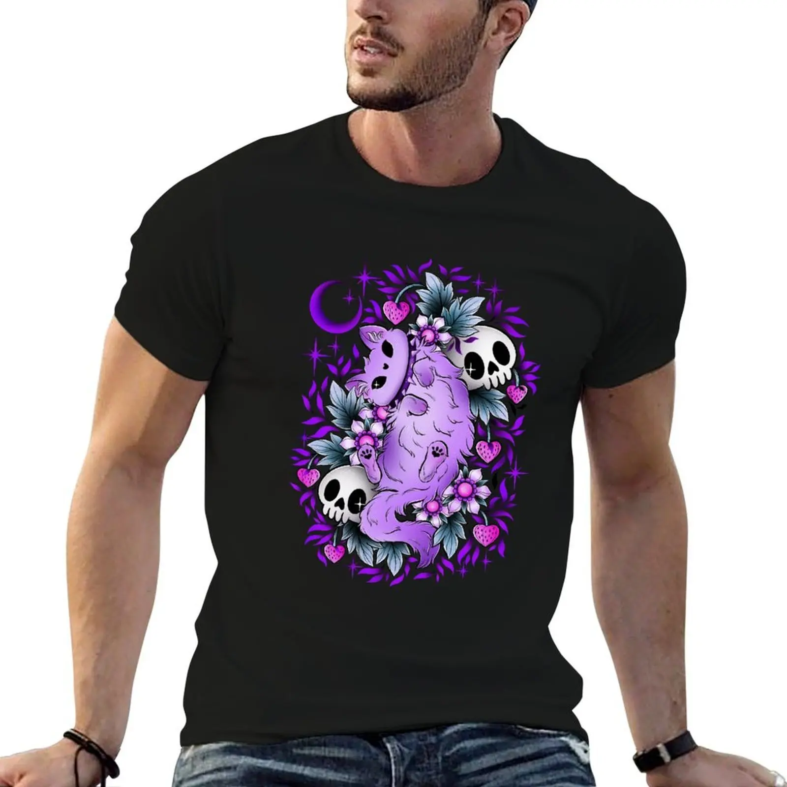 

Pastel cat and skulls, purple leaves and black background T-Shirt cotton t shirts man 100% man t shirt summer T-Shirt
