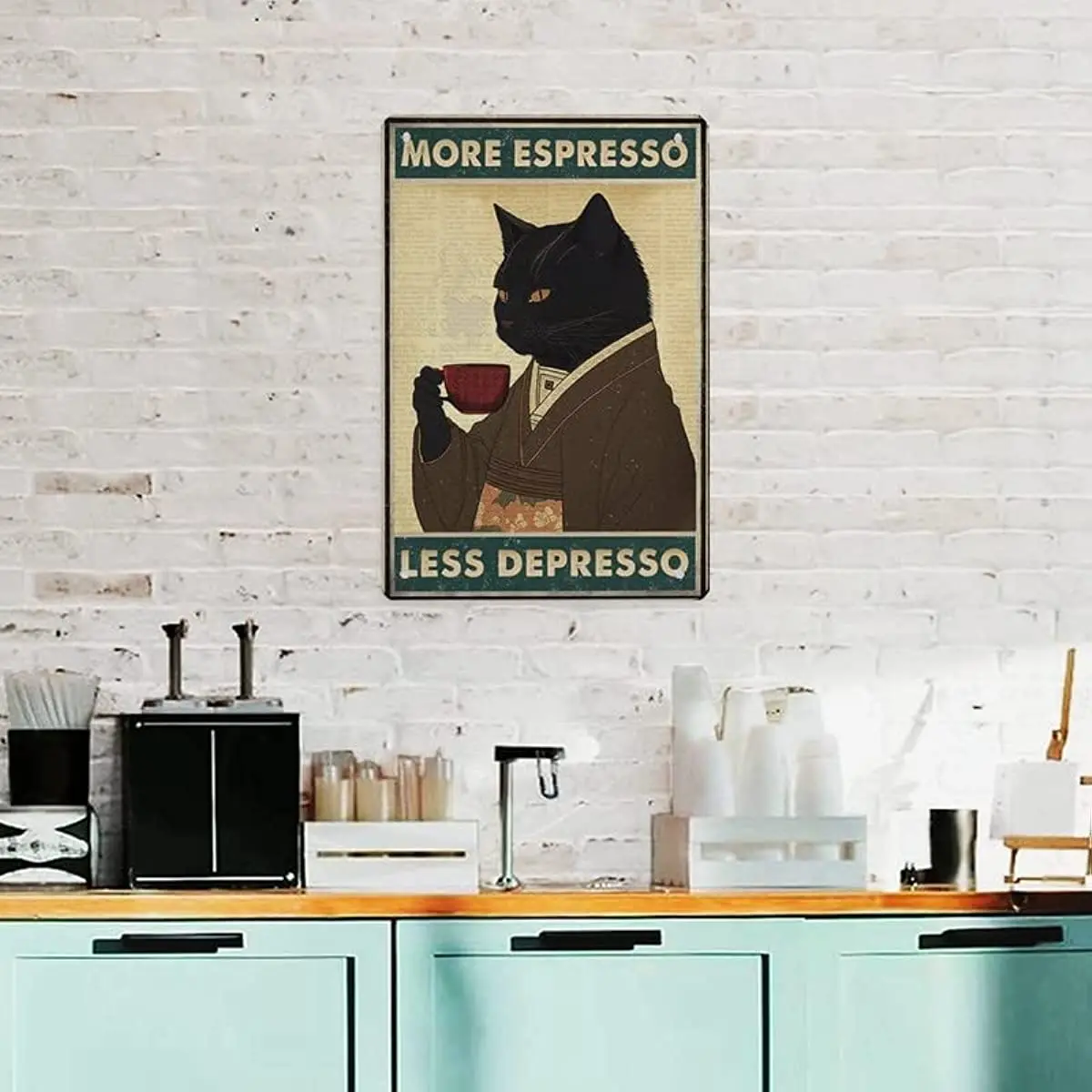 Vintage Black Cat Coffee Poster More Espresso Less Depresso Wall Sign Novelty Metal Tin Sign Home Vintage Art Decor Painting