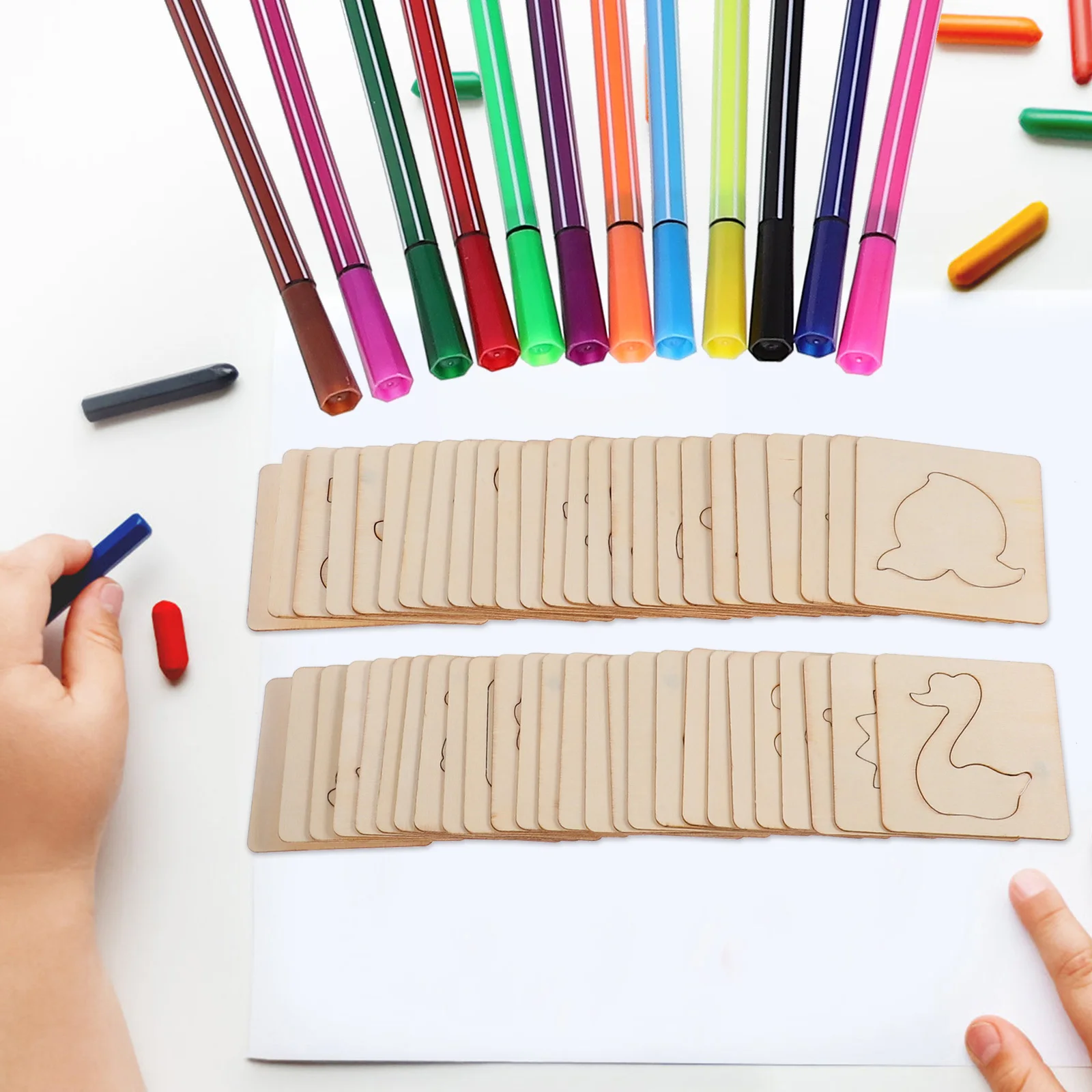 ชุดลายฉลุสำหรับเด็ก ชุดวาดภาพระบายสี ชุด DIY ระบายสี 55 แผ่น ลายผลไม้ สัตว์ ยานพาหนะ ชุดงานฝีมือไม้รักษ์โลก