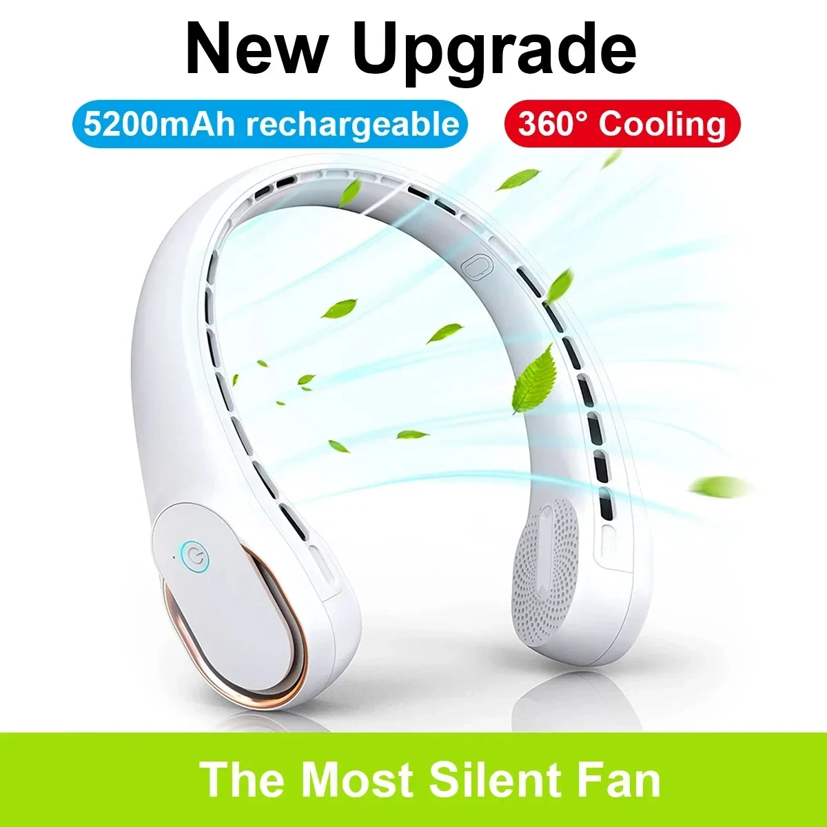 5200mAh Neck Fan Portable Bladeless Hanging Neck Rechargeable Air Cooler 3 Speed Mini Summer Sports Fans.Cool Portable Fan