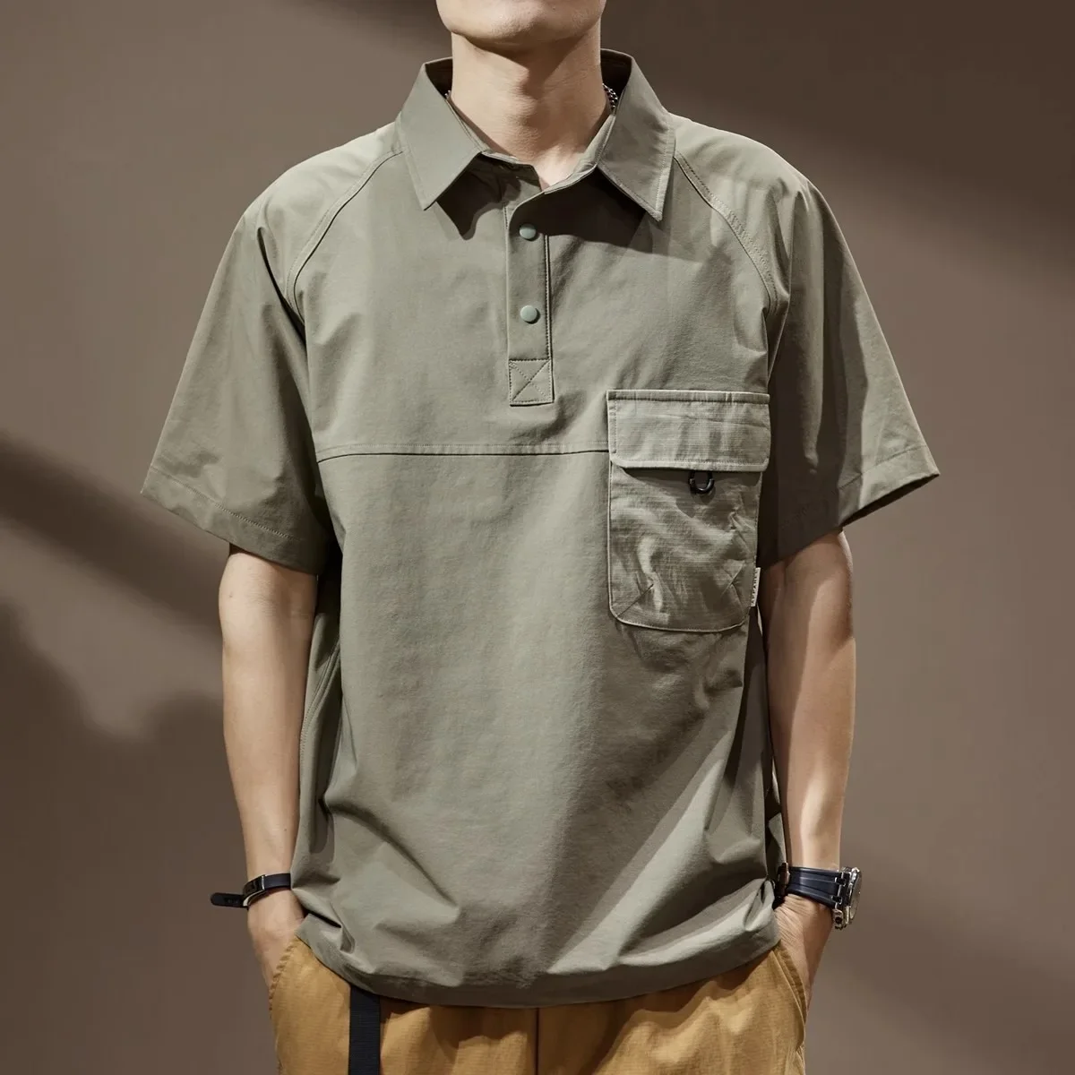 American Color-blocked Pocket Workwear Short-sleeve Polo Shirt For Men, Summer Lapel Vintage T-shirt For Men