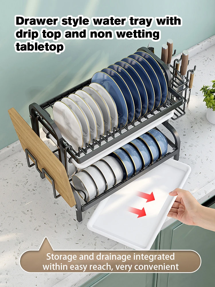 Dish Drying Rack 2-Tier Compact Kitchen Dish Rack Drainboard Set Large Rust-Proof Dish Drainer with Utensil Holder