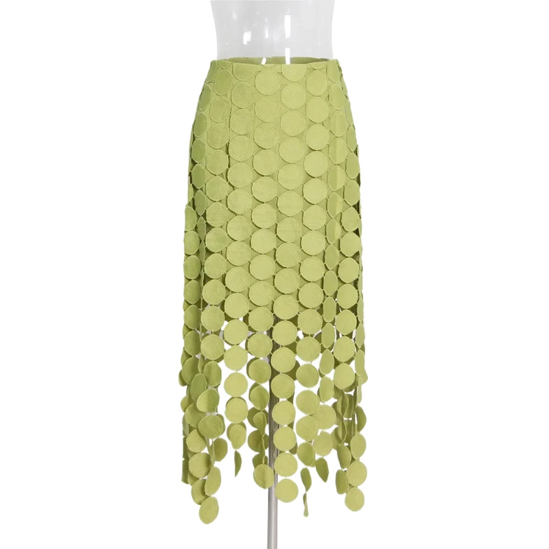 

Cut Out Skirt For Women High Waist Patchwork Tassel Irregular Hem Solid Midi Skirts Female Summer Clothing Style