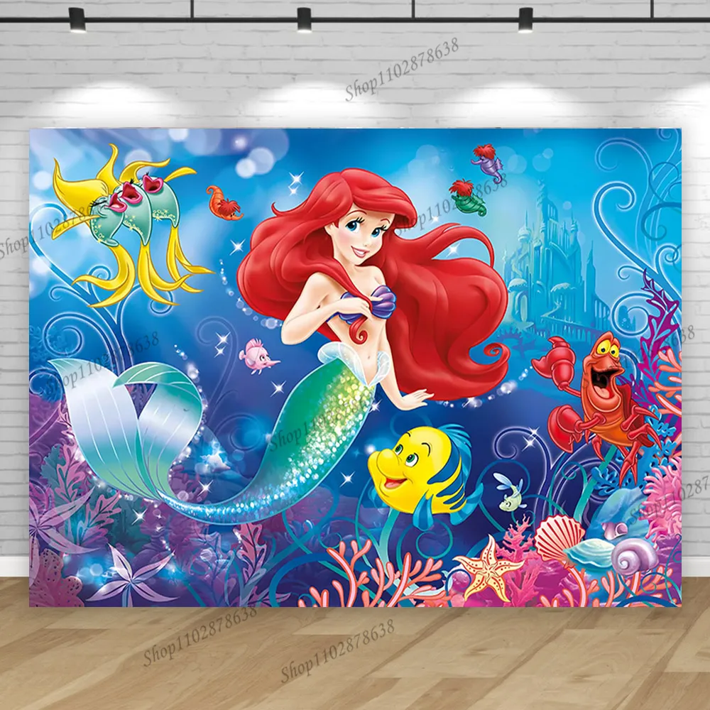 Little Mermaid Birthday Party Background Banner Girl Baby Shower Backdrop Photography Disney Ariel Princess Blue Seabed Props