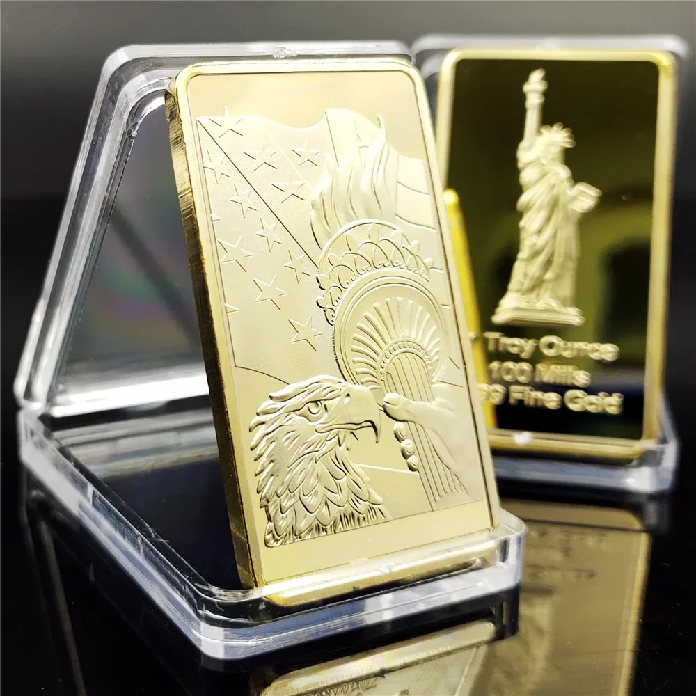 1 Oz American Eagle Gold Bar Liberty Lady Plated Commemorative Medal Square Golden Eagle Coin Collectible Souvenir Art Craft