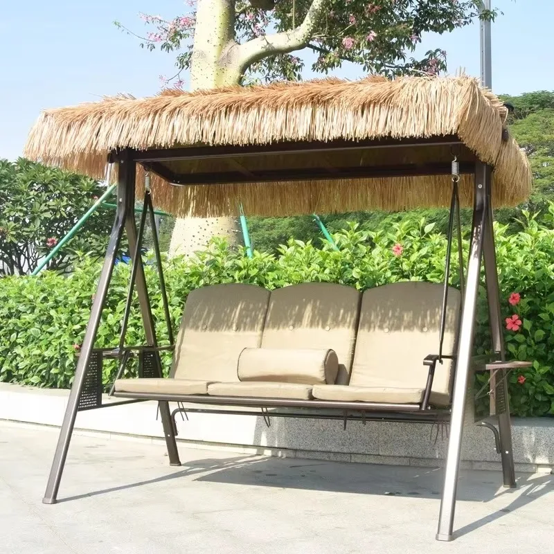 2025 جديد كرسي أرجوحة للترفيه في الهواء الطلق إطار معدني من الألومنيوم مقعد 3 أشخاص أرجوحة فناء الشرفة مع مظلة من القش مخصصة #2