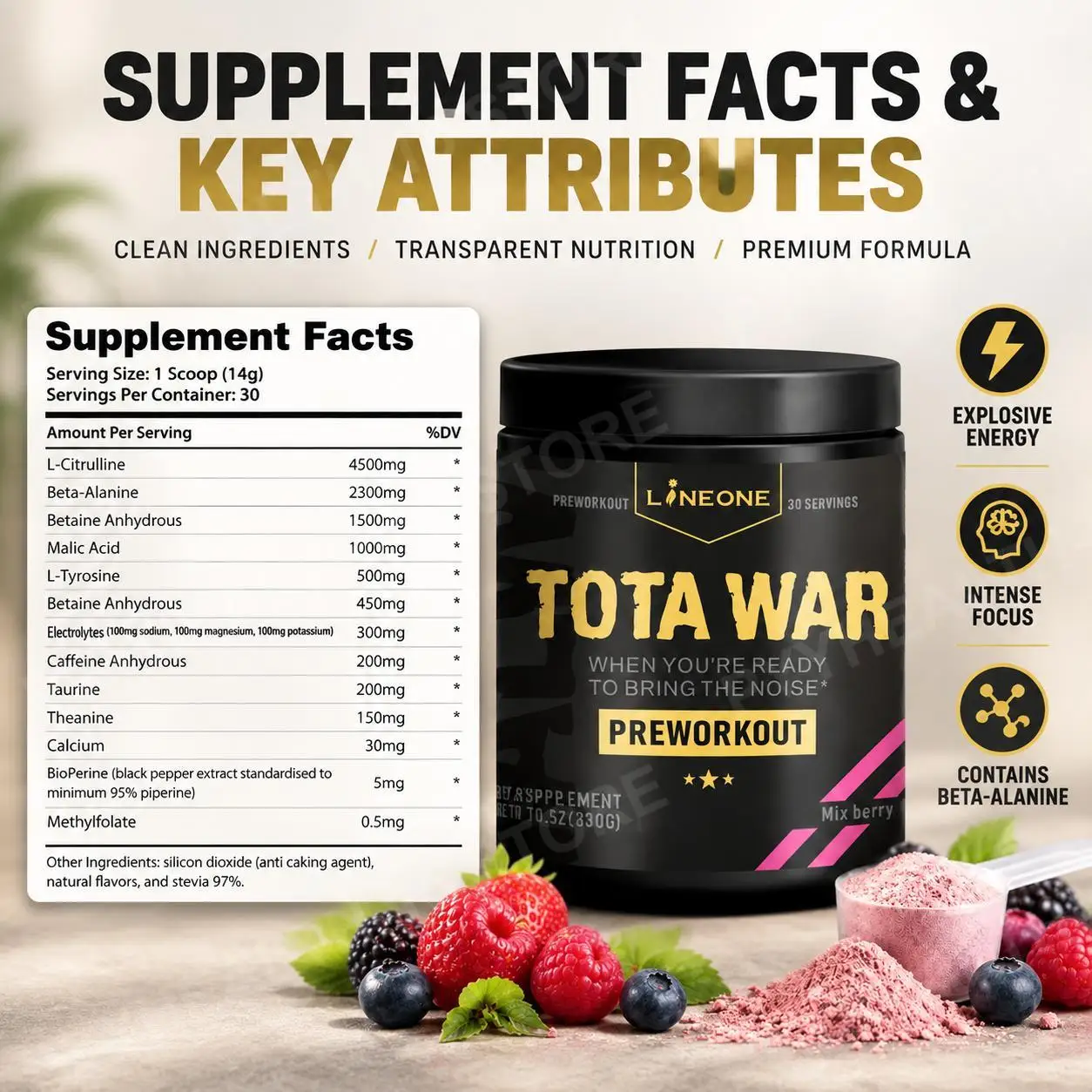 TOTA WAR PreWorkout Powder with L-Citrulline, Beta-Alanine & Caffeine for High Energy, Intense Focus, Mix Berry, 30 Servings