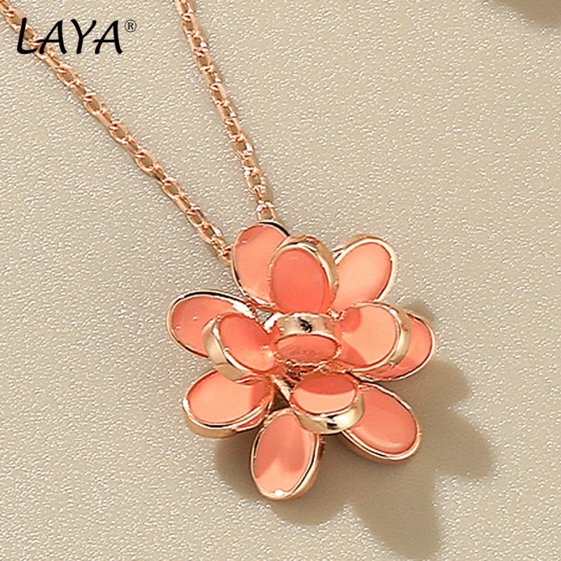 LAYA Vintage Enamel Flower Pendant Necklace For Women Temperament Blue Purple Flower Shaped Wedding 925 Sterling Silver Jewelry