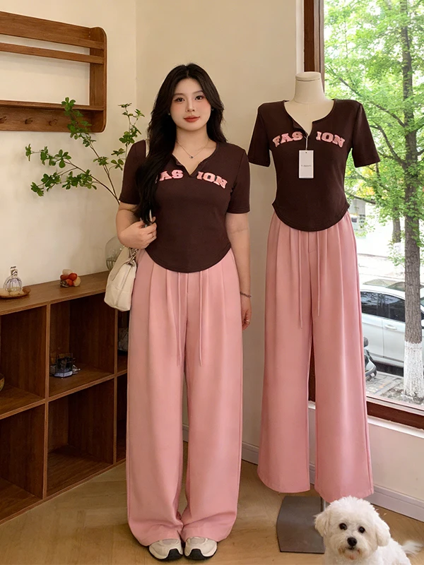 

Fashionable plus Size Set Korean Style V-Neck T-Shirt Women's Summer 2026 High Waist Wide Leg Pants Two-Piece Suit