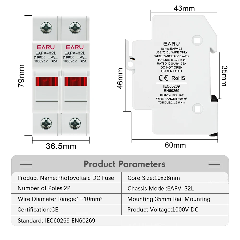 2P Din Rail Solar PV DC Fuse Holders with Indicator Light suitable for 10*38mm DC PV Fuse Link for Solar Photovoltaic System Pro