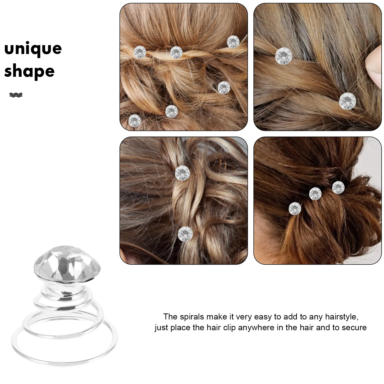 

12pcs Metal Hair Clip Spiral Coil Rhinestone Silver Tone Women Accessories Bridal Party Prom Birthday Special Occasions Hairpin