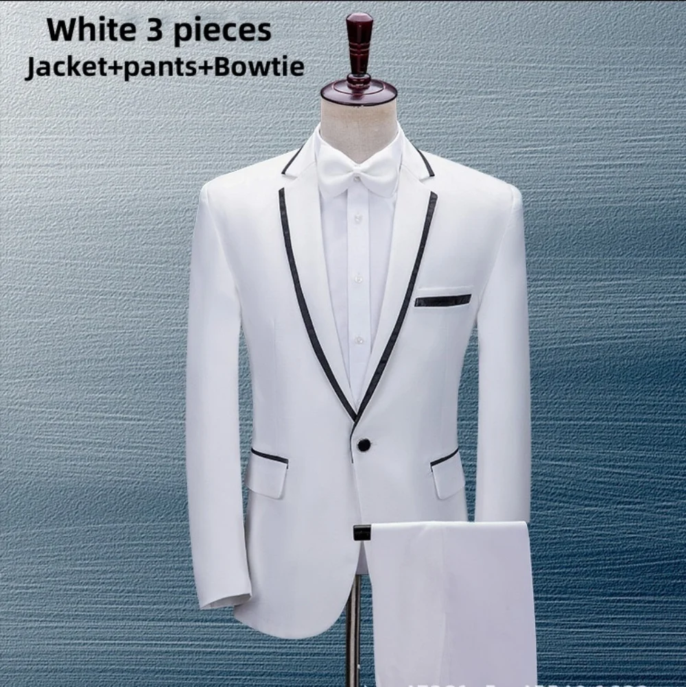 New Elegant White Black Sticky floral suit Set Stand Collar Mens Wedding Suits Formal Groom Tuxedo Costume(Jacket+pants+Bowtie)