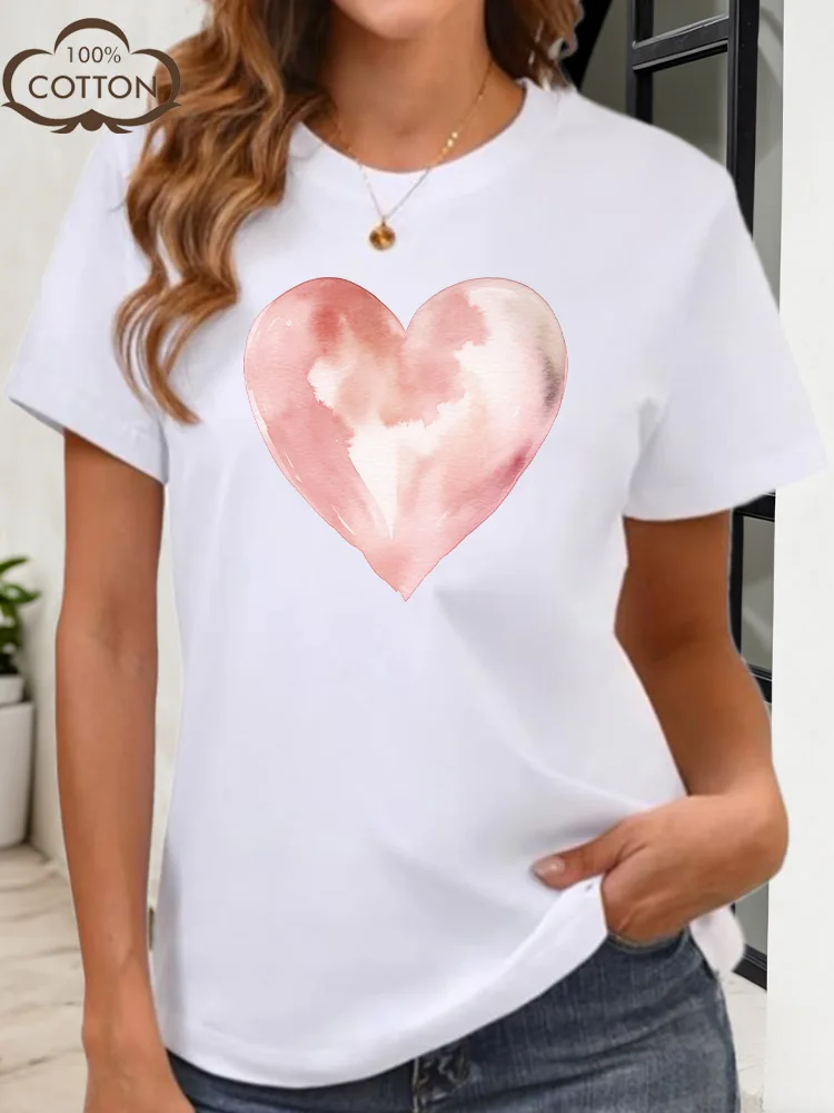 Różowa koszulka damska z grafiką w stylu malarstwa tuszem, z sercem, 100% bawełna, okrągły dekolt, krótki rękaw, codzienna, modna bluzka na lato.