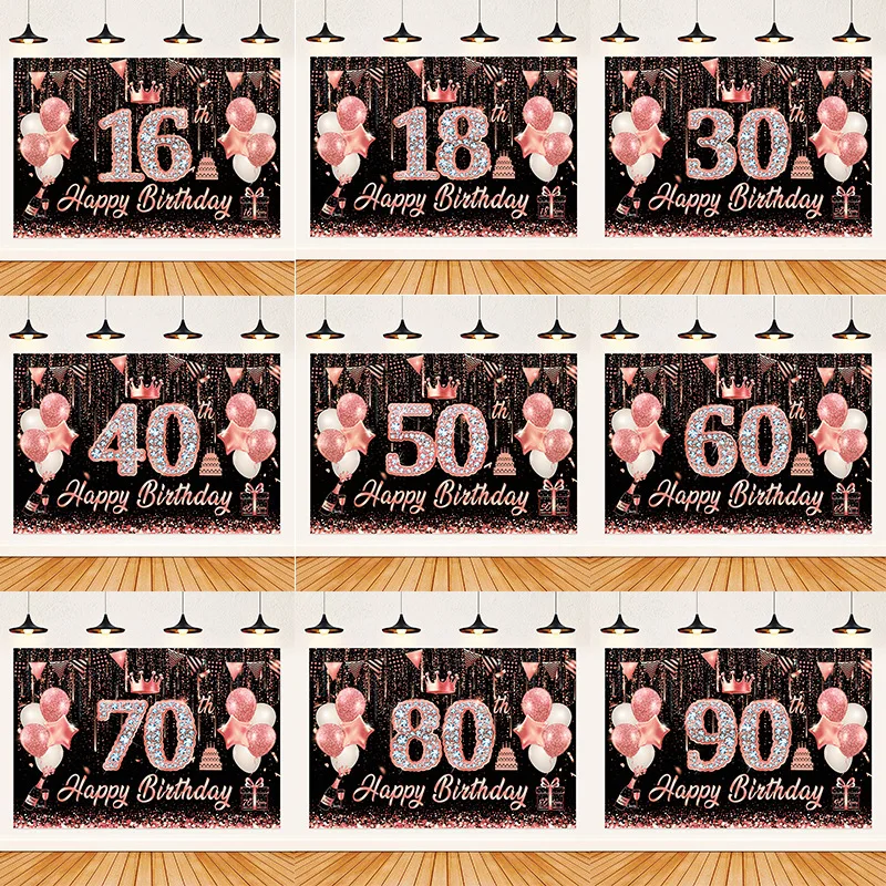 18. 30. 40. 50. Schwarz Rosa Alles Gute zum Geburtstag Banner Hintergrund Roségold Ballon Geburtstag Party Fotografie Dekor