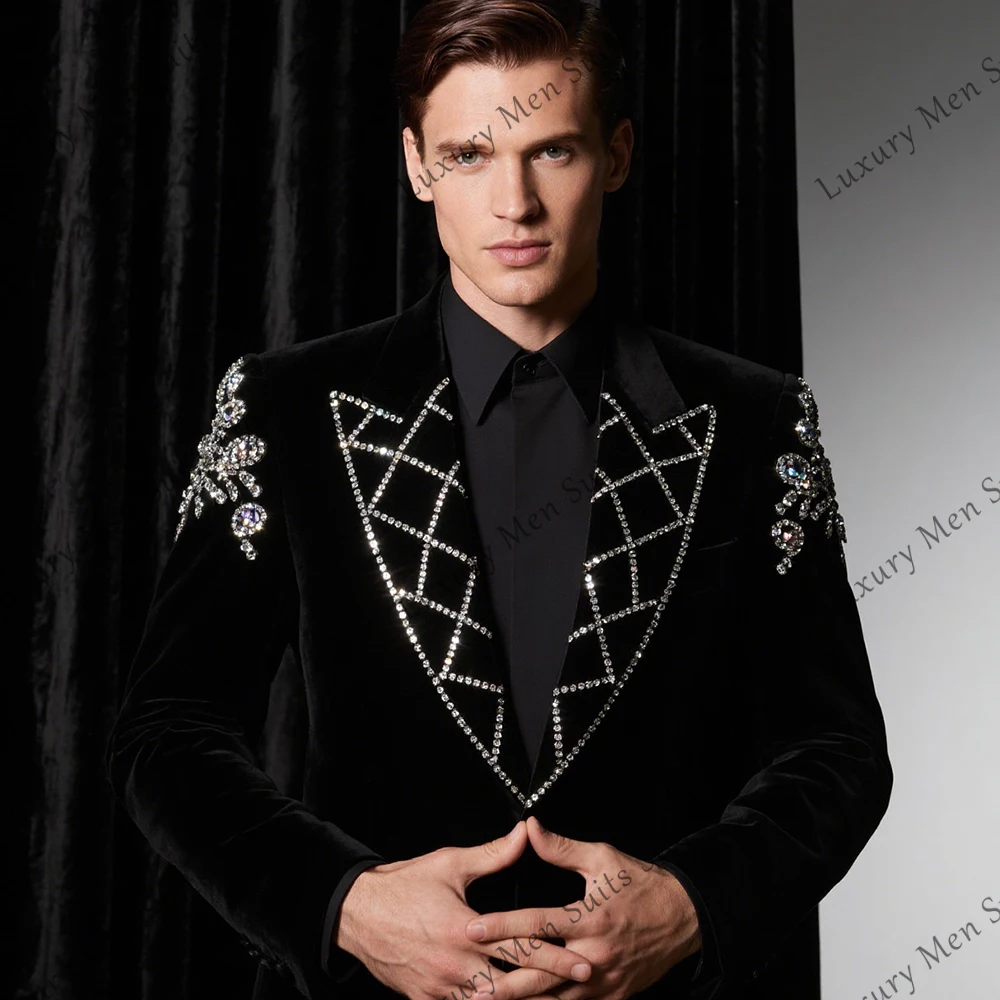 

Fashion Crystal Suits for Men 2 Pieces Peak Label Wedding Groom Tuxedos Banquet Outfits Customized Blazer Pants costumes homme