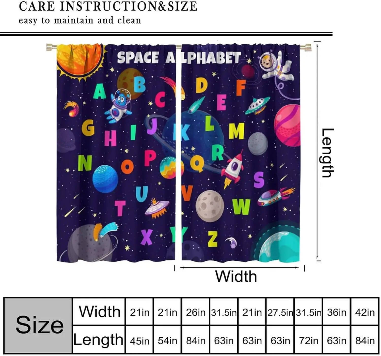 Kids Letter Pattern Blackout Curtains A to Z Letter Printed Space Theme Cute Funny Window Treatments for Boys Girls Baby Bedroom
