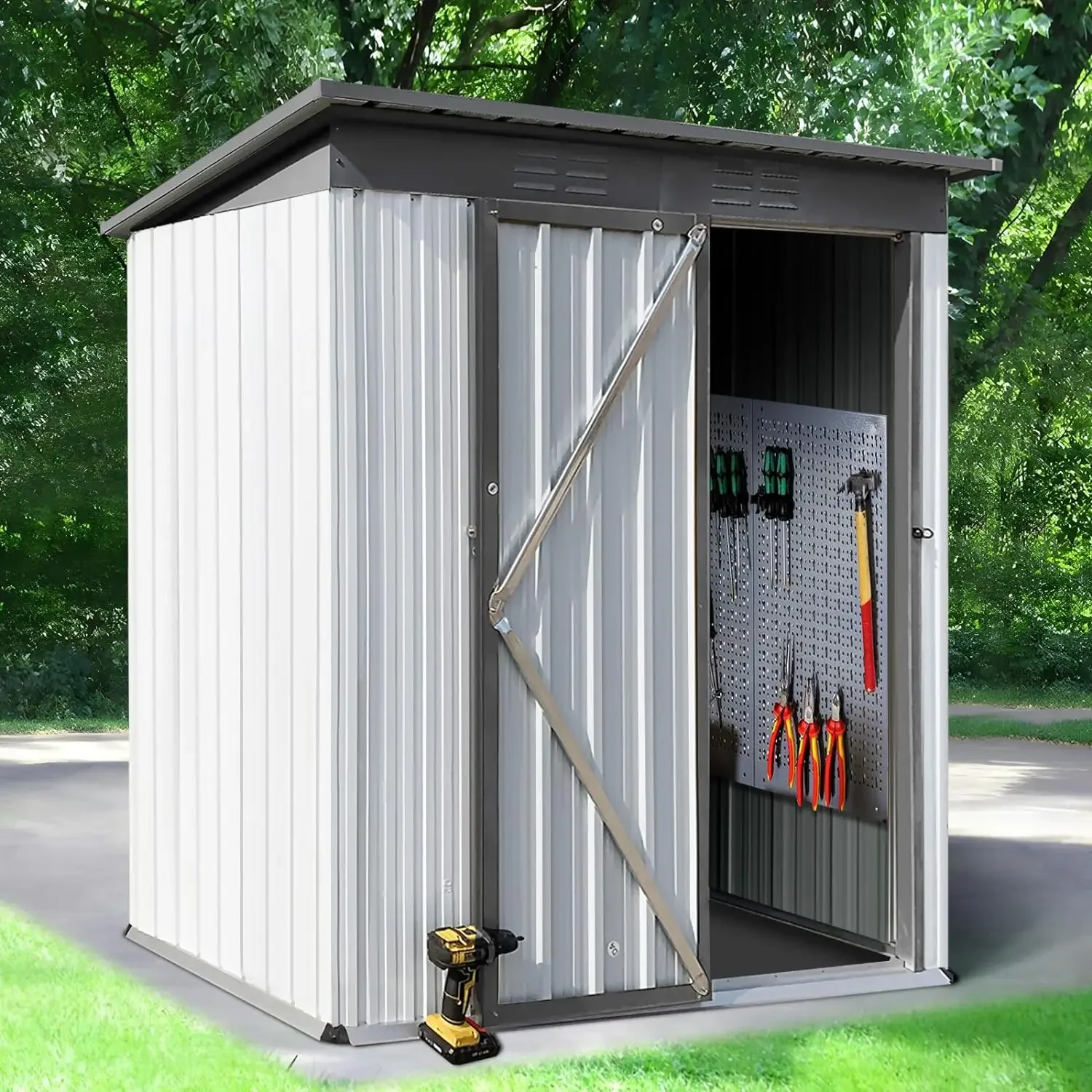 Upgraded Metal Outdoor Storage Shed with Door&Lock, 5' × 3.2' Waterproof Garden Storage Tool Shed for Patio,White-Charcoal Grey