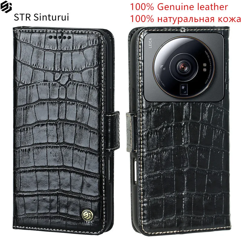 

STR Genuine leather crocodile grain card Slot Wallet Cover For Xiaomi mi 12S 11 Ultra 12T 11T Pro 11i Lite 5G Flip phone Case