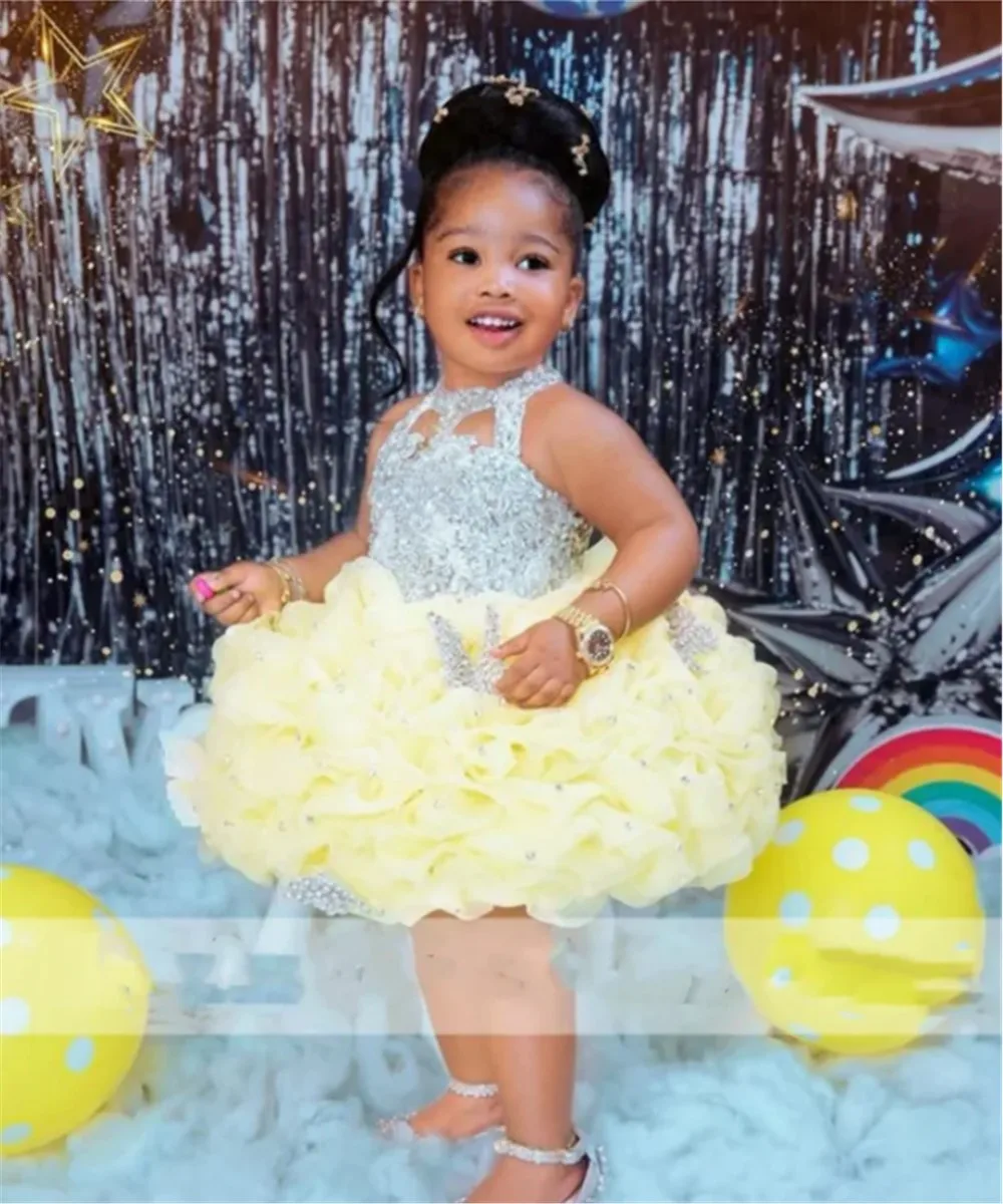 

Customized Flower Girl Wedding Dress Appliques Butterflies Beaded Tiered Sleeveless Kids Birthday Party First Communion Gown