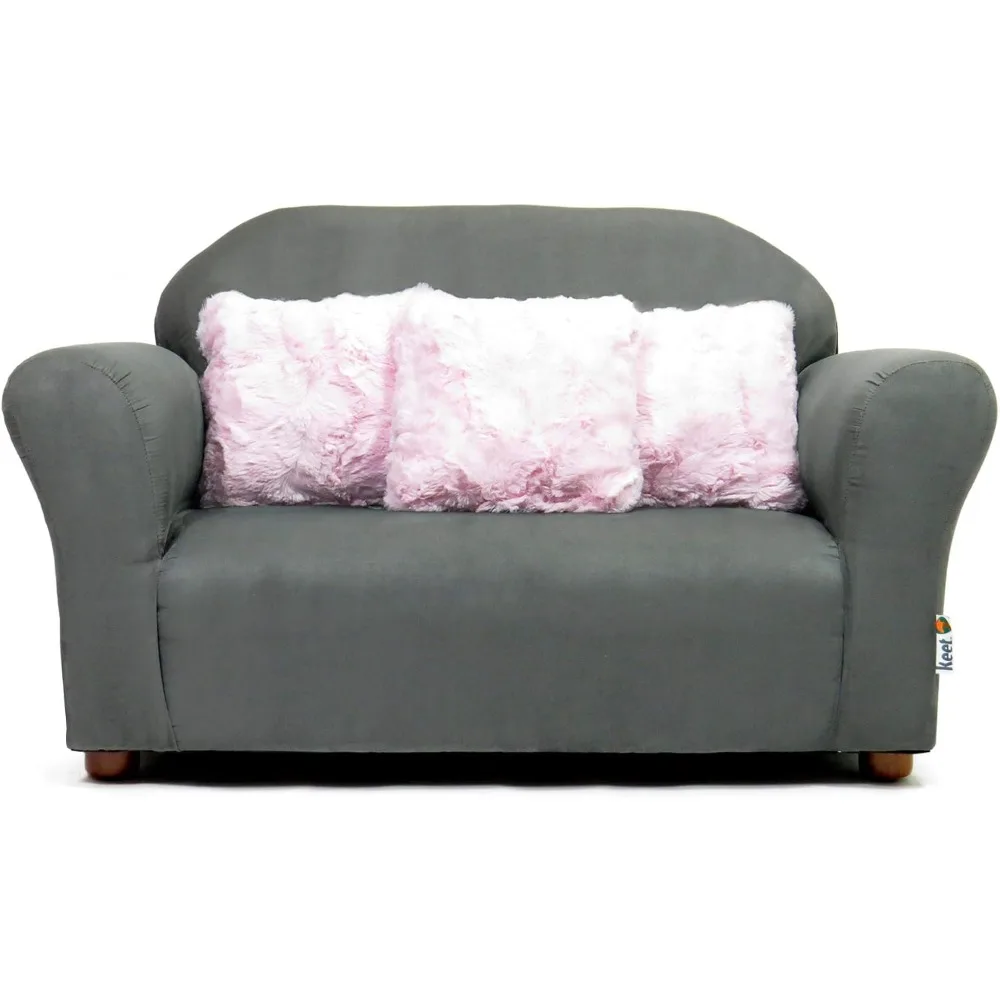 Keet Plush Childrens Sofa with Accent Pillows, Charcoal/Pink