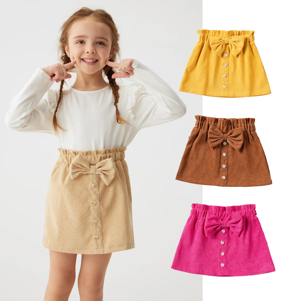 Girls Casual A-line Short Skirt Toddler Girls Solid Color Fashion Corduroy Short Skirt with Bow Kids Basic Button Skirt 1-6Y