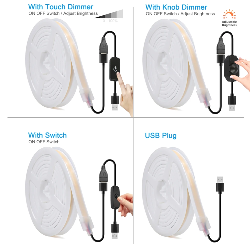 COB LED ストリップネオンライトスイッチ調光器 5V USB 柔軟なシリコンチューブランプ 320LED/m 高密度リニア照明防水