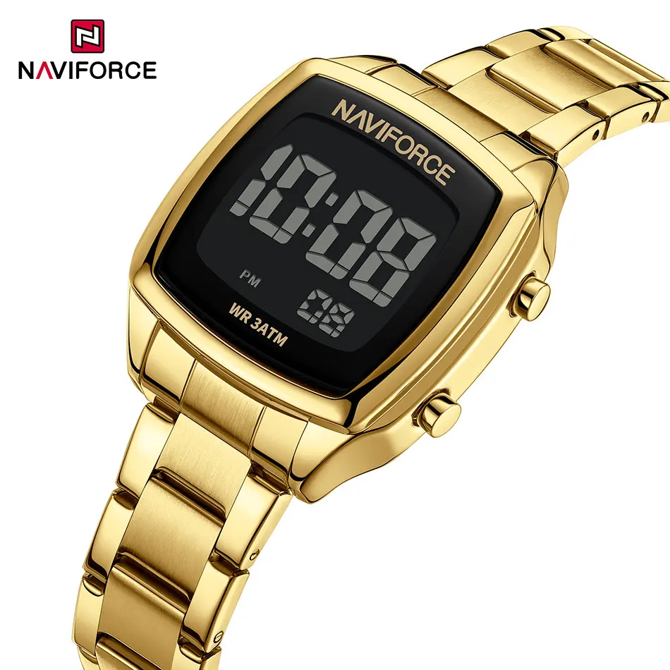 NAVIFORCE-Relógio retrô quadrado eletrônico feminino, display digital, relógios de pulso femininos, rosa, ouro, prata