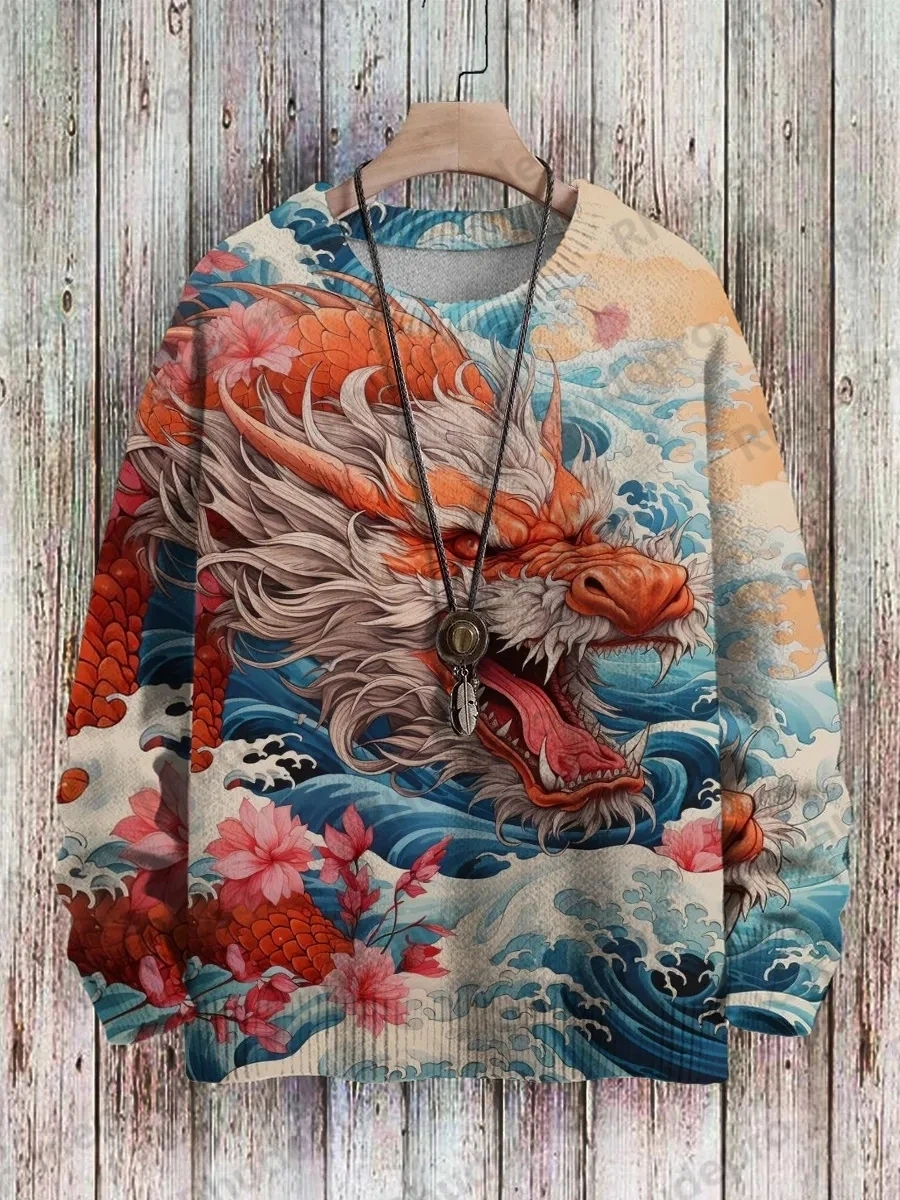 Dragon Eagle Elephant Animal Pattern 3D Printed Men's Knitted Sweater Winter Unisex Casual Warm Knit Pullover Sweater
