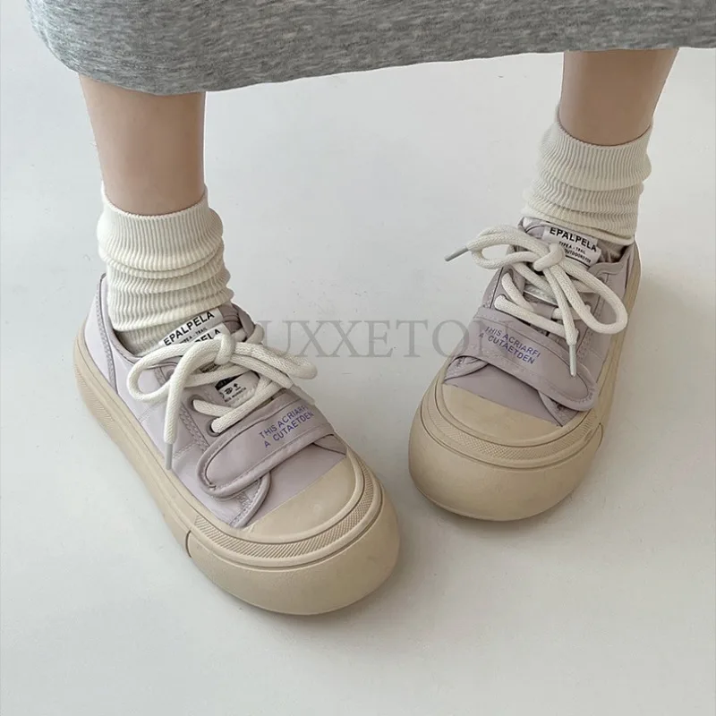 Low Cut Thick Soled Round Toe Canvas Shoes Cute Breathable and Comfortable with Mesh Casual Non Slip Sports Board Shoes