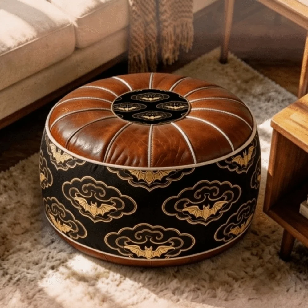 PU Leather Boho Style Seat Cushion Cover Unstuffed Large Capacity Round Footstool Cover Fillable Design Waterproof