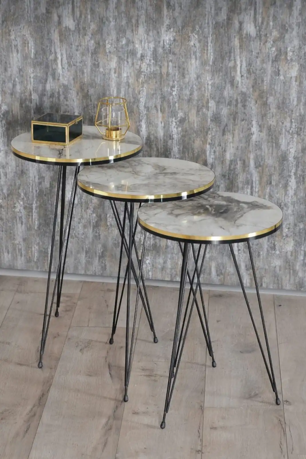 Modern Nelling Table 3 Pieces Patterned Black Wire Metal Leg De Monte Side Table Tea Coffee Service Table Round Living Room Beds