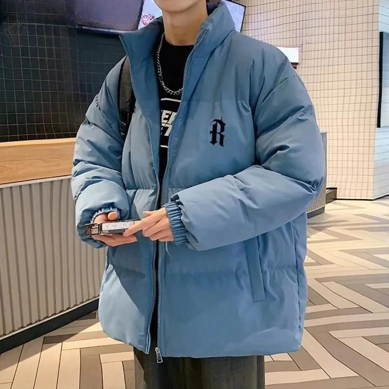 

​ Мужское зимнее пальто свободного кроя 2025г. ​ Японская куртка без капюшона из утолщенного хлопка с принтом для уличной моды