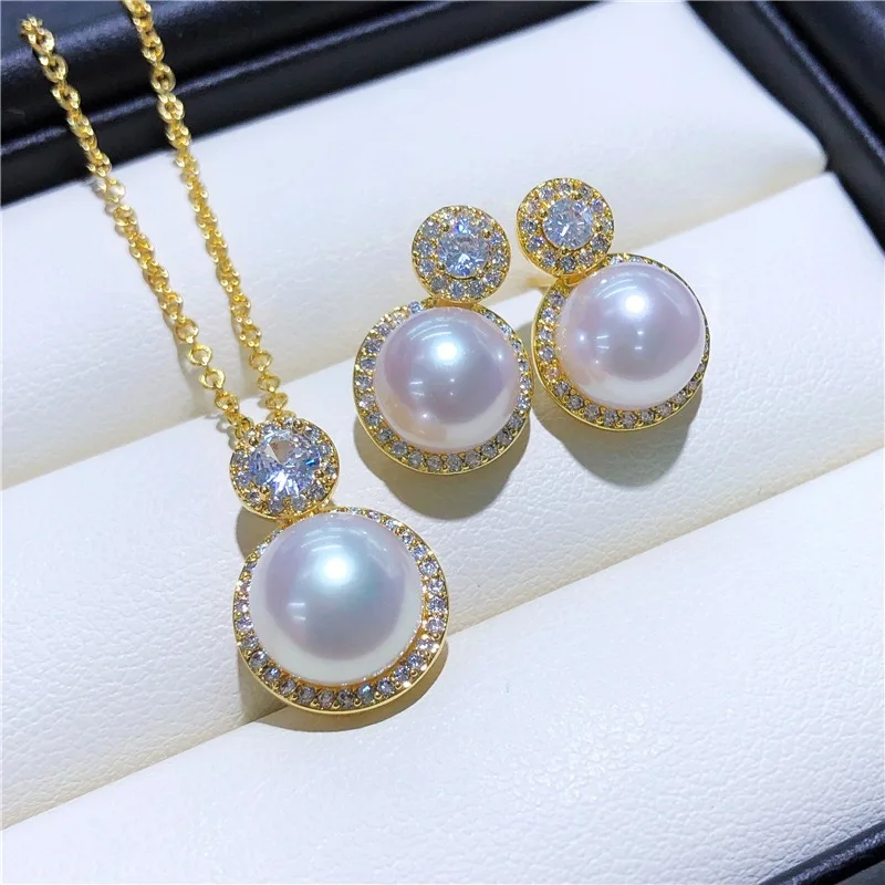 AAAA+ 8-9mm White Pearl Pendants earrings sets 18k women Akoya pearl classic banquet wedding fashion accessories L-081204