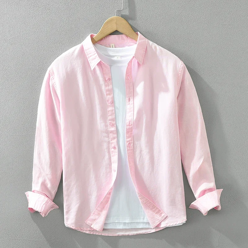 Pink Cotton Linen Shirt for Men 2024 Summer New Turn-down Collar Loose Casual Long Sleeve Shirt Men\'s Clothing