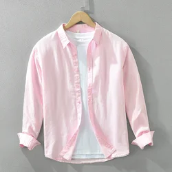 Pink Cotton Linen Shirt for Men 2024 Summer New Turn-down Collar Loose Casual Long Sleeve Shirt Men's Clothing