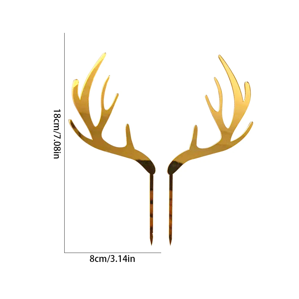 2pcs/set Gold Acrylic Deer Antler Cake Decoration for Christmas Theme Party Cake Topper Decoration Supplies