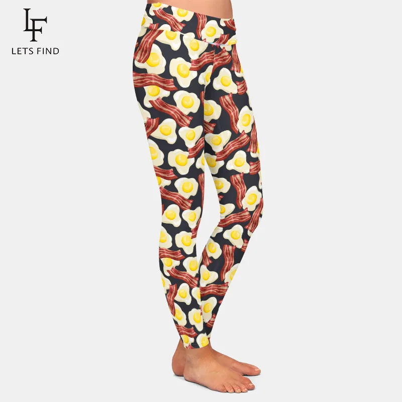 LETSFIND-Leggings con estampado de huevos fritos y Bacon para mujer, pantalones ajustados elásticos de cintura alta para Fitness