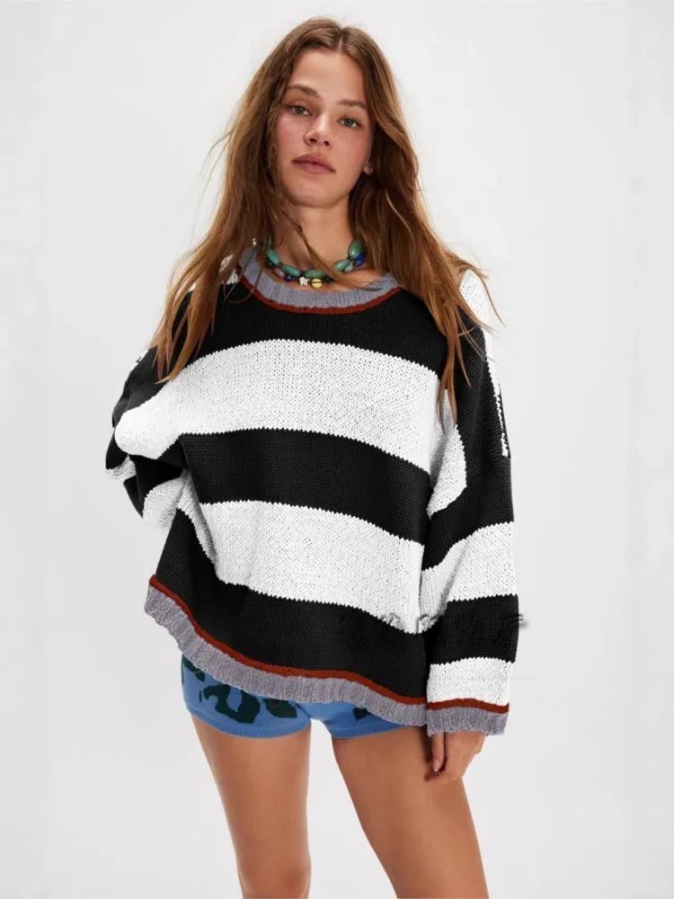 

Women's Striped Knitted Pullovers Sweaters O Neck Long Sleeve Jumpers Y2k Streetwear Elegant Splice Knit Tops 2025 Autumn Winter