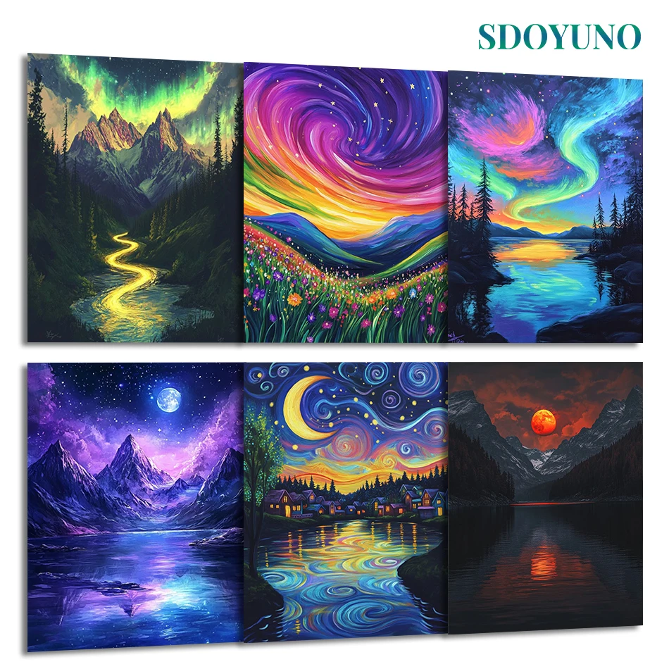 

SDOYUNO Paintings To Paint With Numbers Mountain Night Scenery Aurora Moon Sky Crafts Canvas Picture Drawing Paintings On Number