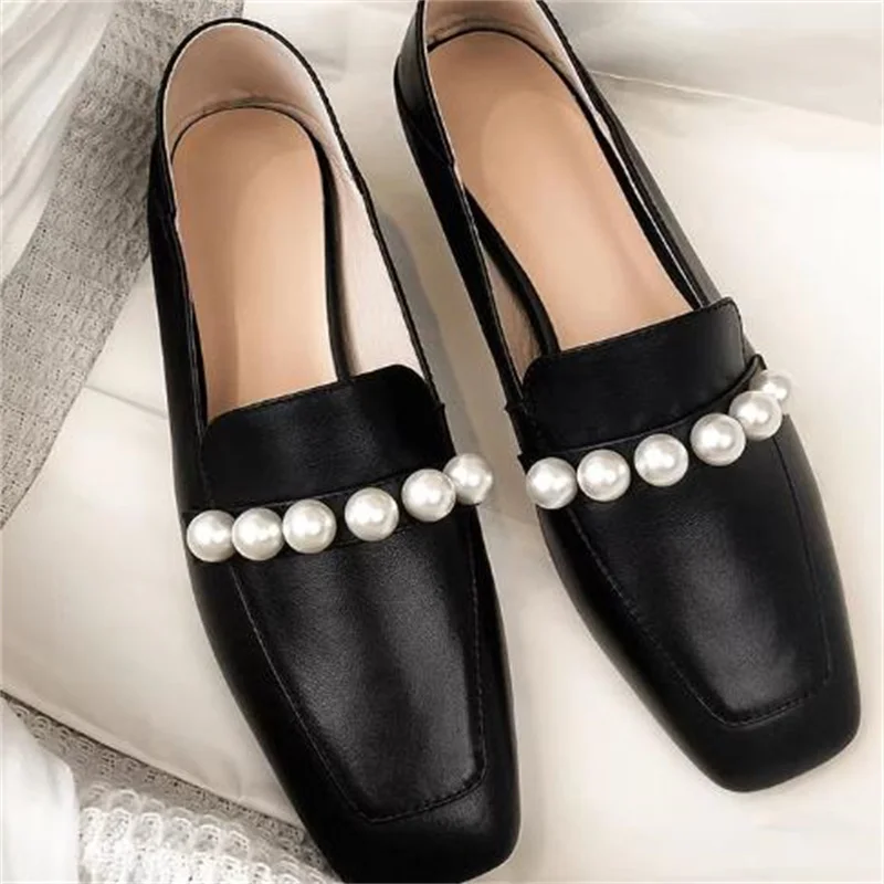 

Maxi Pearls Shoes for Ladies Square Toes Women's Shallow Chassure Femme Leather Female Loafers Sewing Lines Low Heels Zapatos