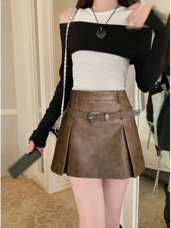 

Retro PU Leather Skirt with Belt Casual Slimming A-Line Skirts for Women High Waist Commute Style Anti-static Lined