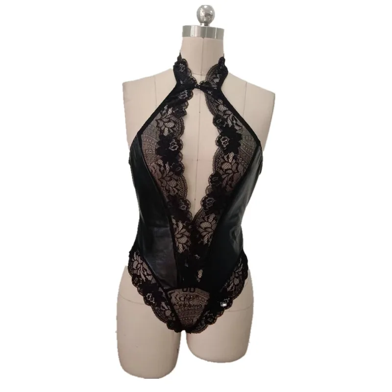 Women Halter Lace PU Leather Teddy Lingerie Deep V Neck Cutout Bodysuit Sheer Lace Patchwork Leather Sexy Hollow Out Nightwear