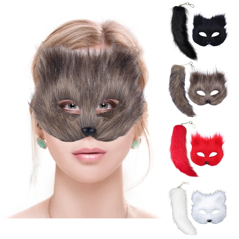 Conjunto de máscara y cola para cosplay de Halloween, accesorios de disfraz para gatos, cola de media cara, piel sintética, zorros, cola de gato