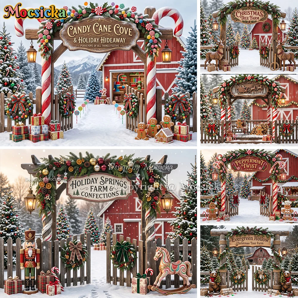 Mocsicka Christmas Candy Cane Farm Backdrop Photography Snowy Gingerbread House Background Kids Holiday Party Photo Shoot Booth