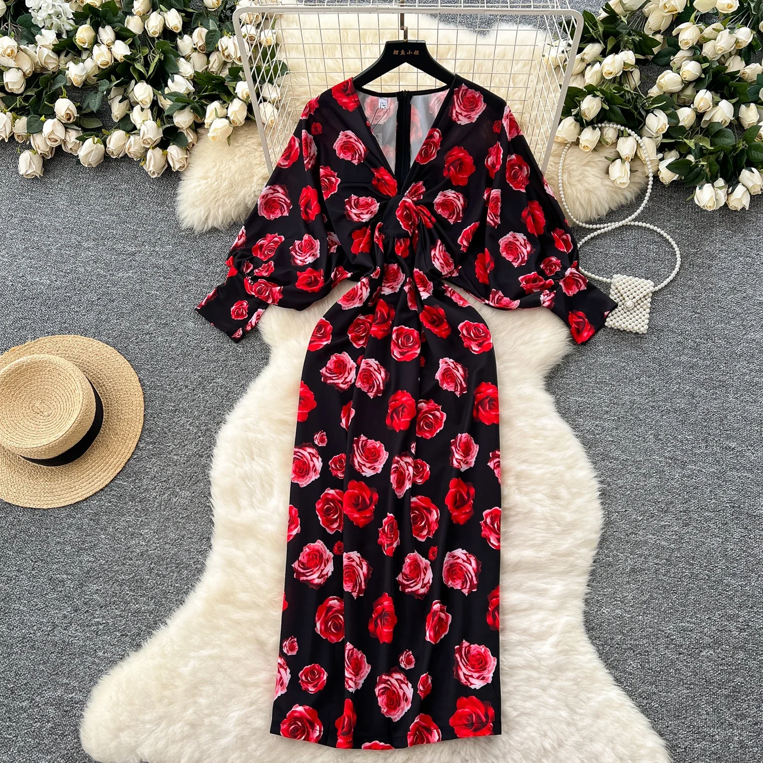 

Retro chic print flare sleeve split slim pencil dress zipper Korean Fashion Beach Vacation A-line V-Neck women clothing