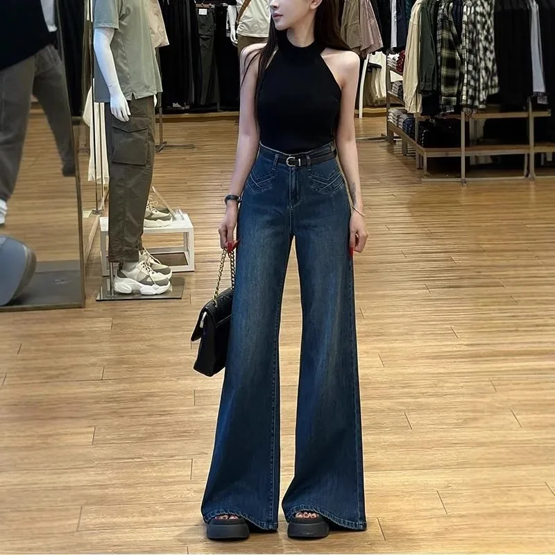 بنطال جينز نسائي أزرق داكن عالي الخصر وواسع الساق وحزام من قماش الدنيم المتوهج وقابل للتمدد ملابس كاجوال للحفلات اليومية