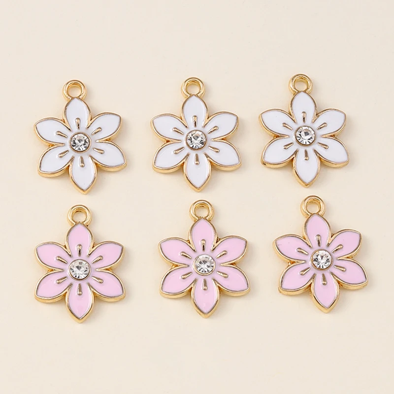 Leslie 10pcs 13x17mm Enamel Elegant Crystal Pink Flowers Charms for Earring Necklace Pendants DIY Jewelry Accessories