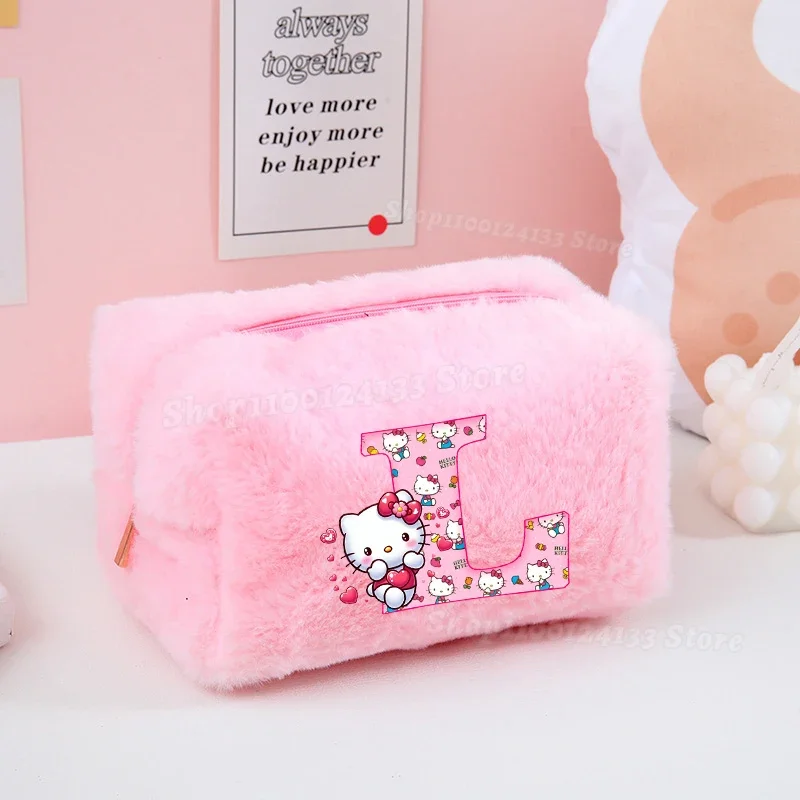 Lindo Hello Kitty chica bolsa de maquillaje rosa Plushd Sanrio Anime letras A-Z estampado mujer Kawaii bolsa suave niños moneda en estuche de cosméticos nuevo