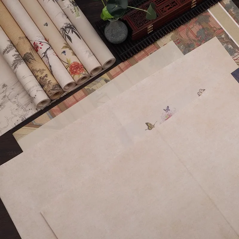 5PCS Antique Batik Brush Calligraphy Works Xuan Paper Ancient Chinese Style Cultural Creationg Half Ripe Rice Paper 34x138 cm